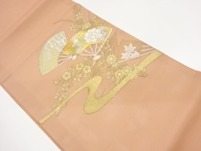紗 扇子に牡丹・秋草・霞模様織出し名古屋帯